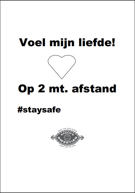 plaatje met slogan: voel mijn liefde, hartje, op 2 meter afstand